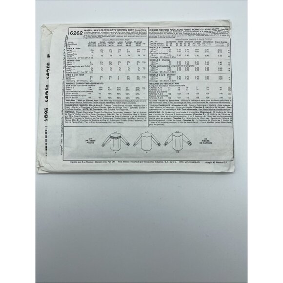 McCall’s 6262 Sewing Pattern Easy Western Shirt Men Women Size L Uncut 1992 - Picture 2 of 3